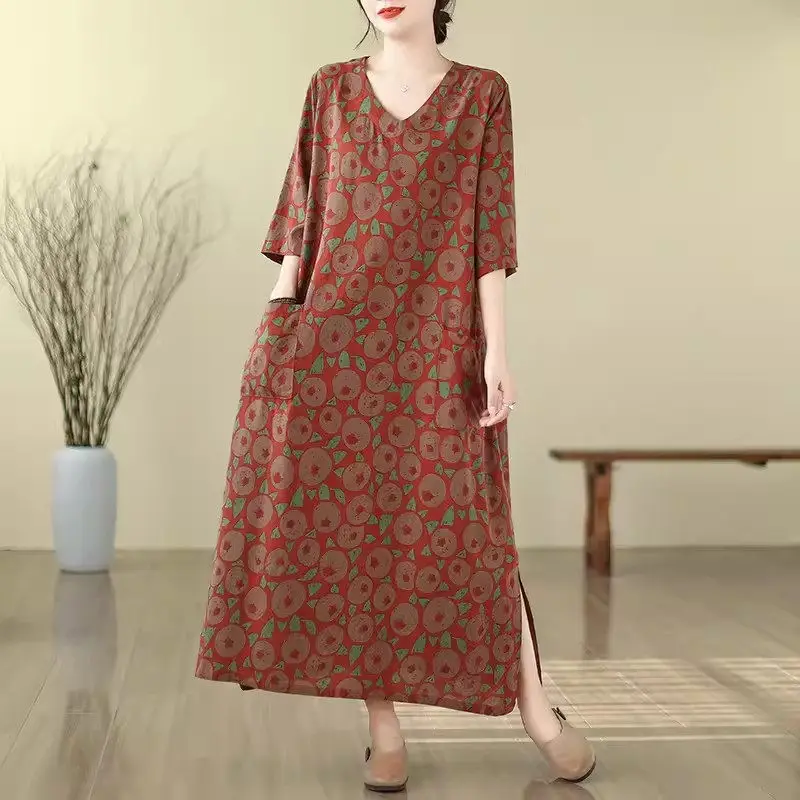 

Three Quarter Sleeved Dress For Women Spring And Summer Oversized Vacation Style Travel Cotton And Linen Long Dress Z4842