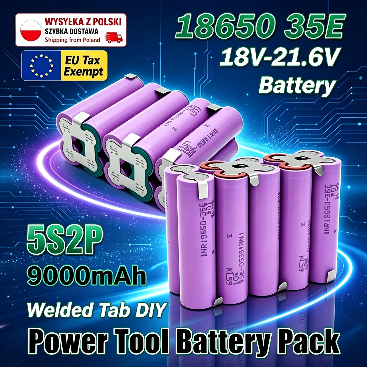 Image of 5S2P 9000-mAh-Lithium-Akku-Pack mit 18650-35E-Zellen, geeignet für Elektrobohrmaschinen und Elektrowerkzeuge für den Heimwerkerbedarf.