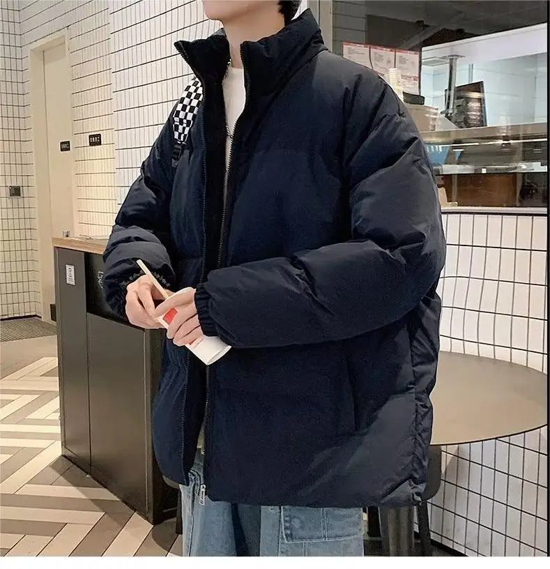 Men\'s Winter Jacket Fashion Casual Oversize Stand Collar Thick Warm Parka Coat Loose Cotton Bubble Bread Jacket Outerwear