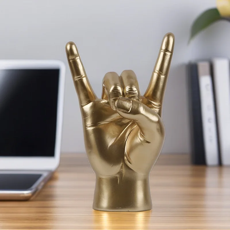 Gold Decoration, Music Sign Rock Hand Statue Living Room Bedroom Finger Modern Hand Gesture Sculpture Home Shelf Desktop Gift