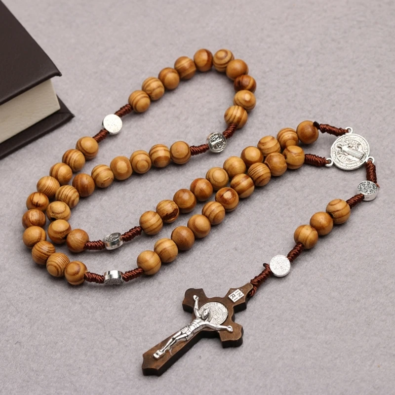 Wood Bead Cross Rosary Necklace Holy Catholic Jewelry Charm Crafts for Christian Church Home Bedroom Decoration