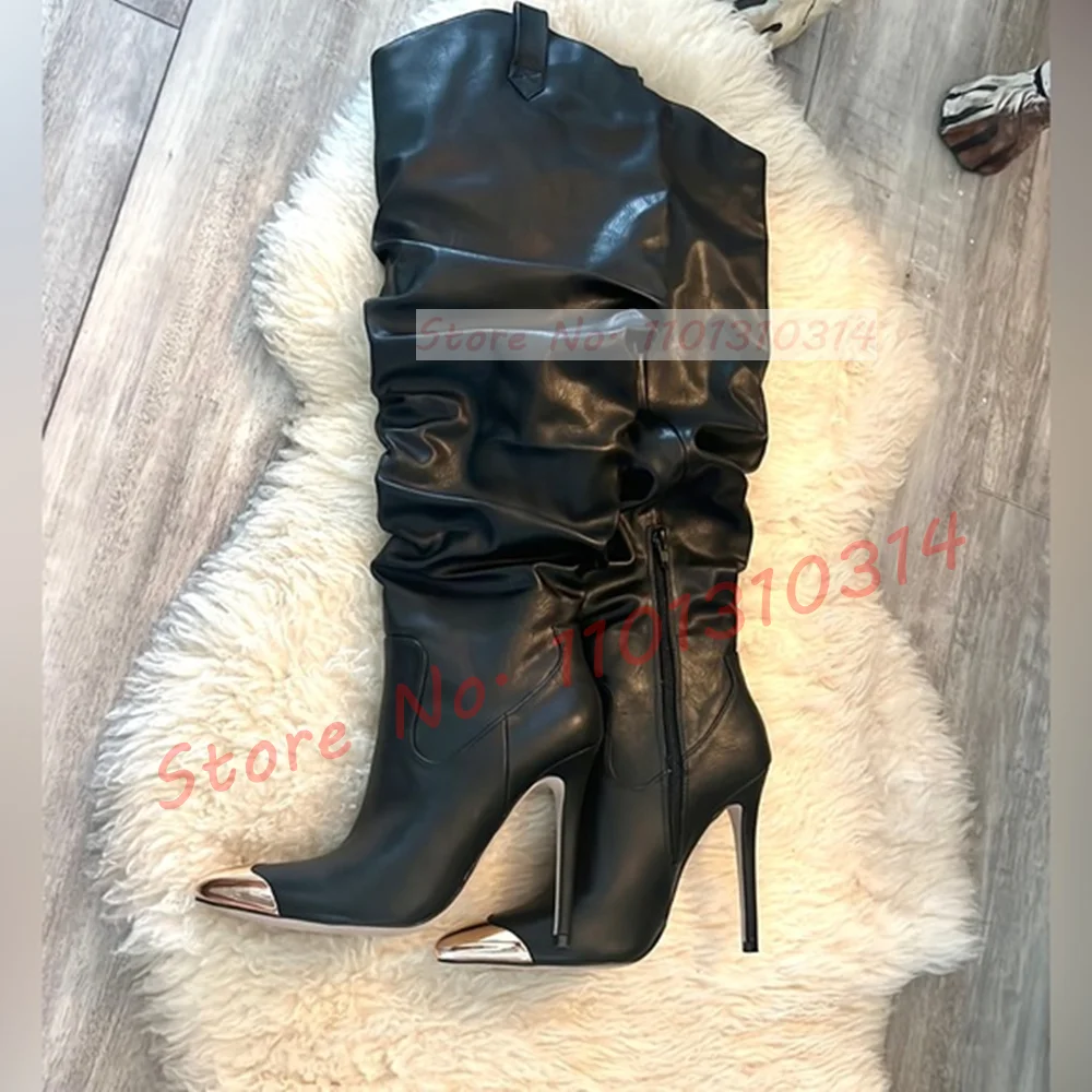 Metallic Toe Knee High Boots Women Chic Pleated White Stiletto High Heels Shoes Ladies Winter Gorgeous Pointy Slim Tall Boots