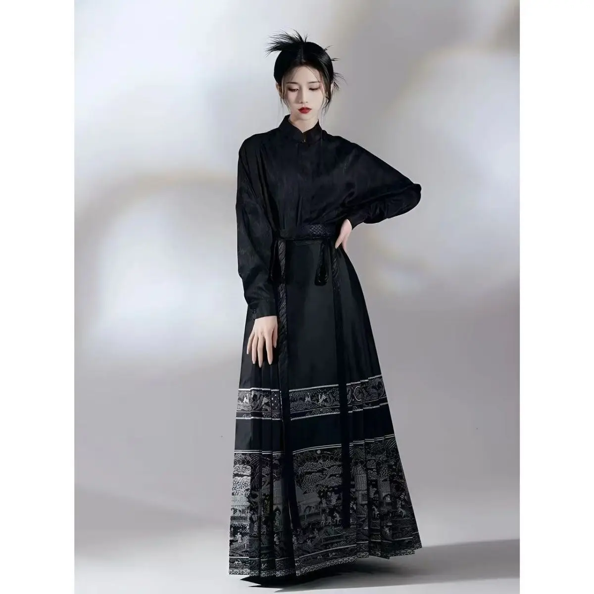 

Fashion Hanfu Jacquard Shirt Skirt Suit Traditional White Top Blouse Black Horse Face Skirt Female Oriental Chinese Clothes