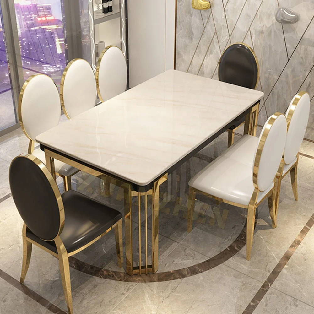 Dining room furniture white modern stainless steel stone gold luxury marble dining table set restaurant dining tables