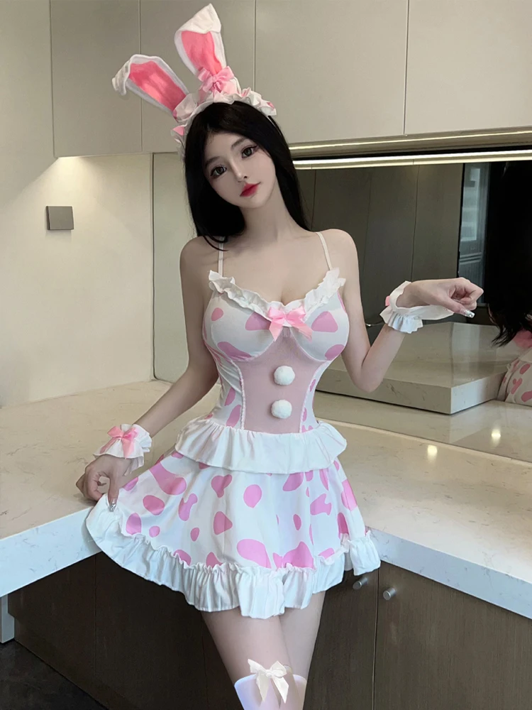 

Сексуальный сладкий костюм коровы для девочек с высокой талией и ремешками Dr Role Play orm ort Юбка V-Ne A-Line Летнее платье для женщин