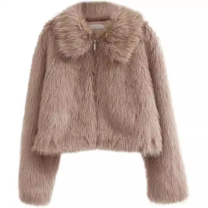 

Women Faux Fur Short Coat Zipper Cardigan Thick Warm Streetwear Full Sleeve Turn Down Collar Solid Jackets High Street