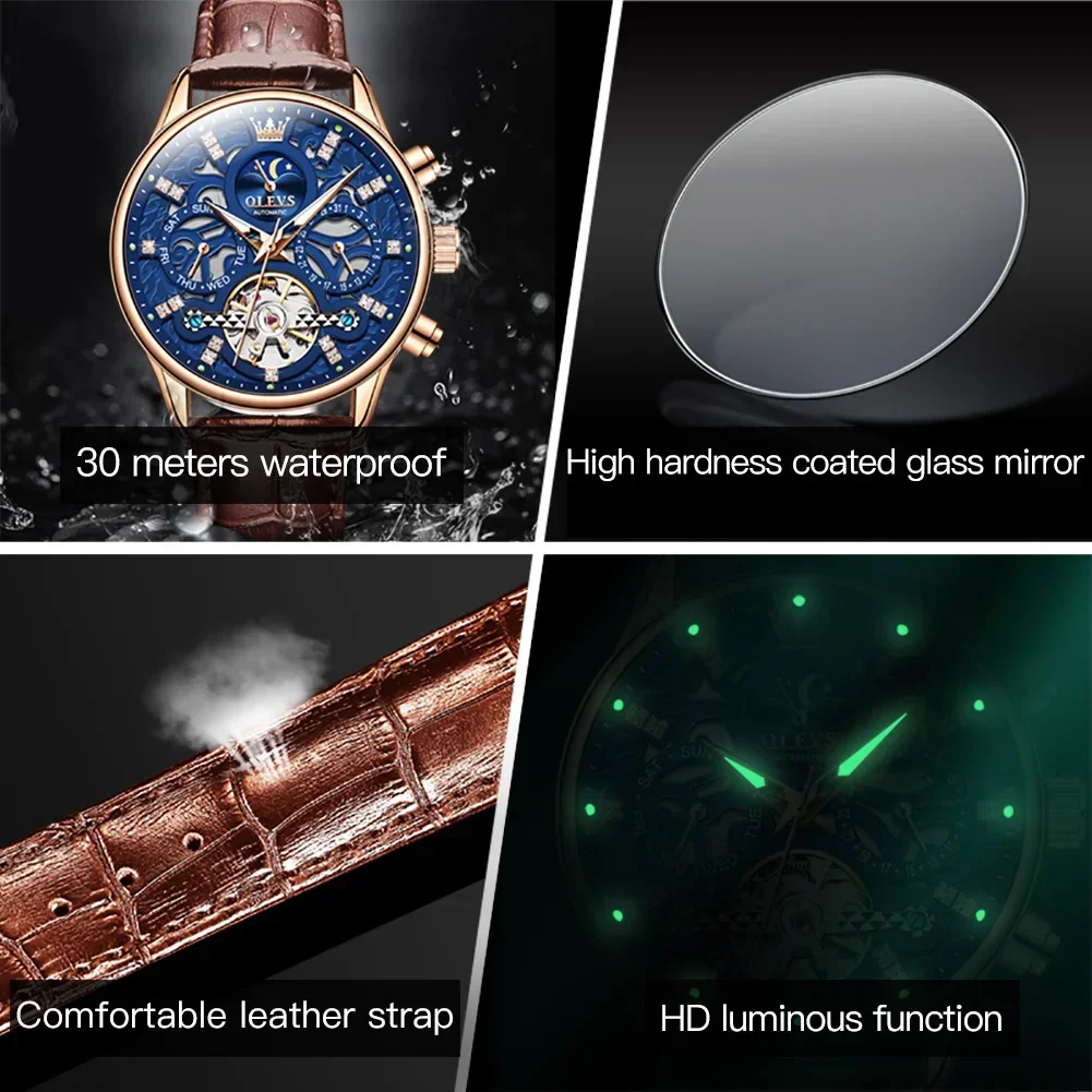 OLEVS Waterproof Hot Style Great Quality Watch for Men Fashion Automatic Mechanical Corium Strap Men Wristwatches Luminous