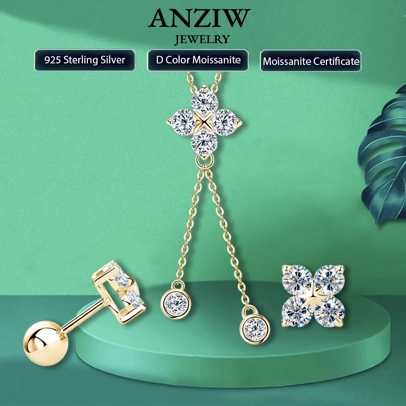 

Ювелирные наборы из муассанита с четырьмя листами клевера, серебро 925 пробы, длинная подвеска с кисточками, ожерелье, серьги-гвоздики, рождественский, новогодний подарок для женщин