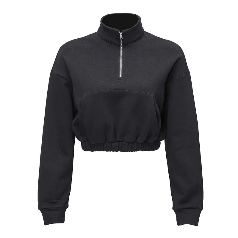 Causal 100% Cotton Short Waistline Hoodie Women's Clothing Polo Lapel Zipper Sports Top Long Sleeve Soild Loose Pullover Tops