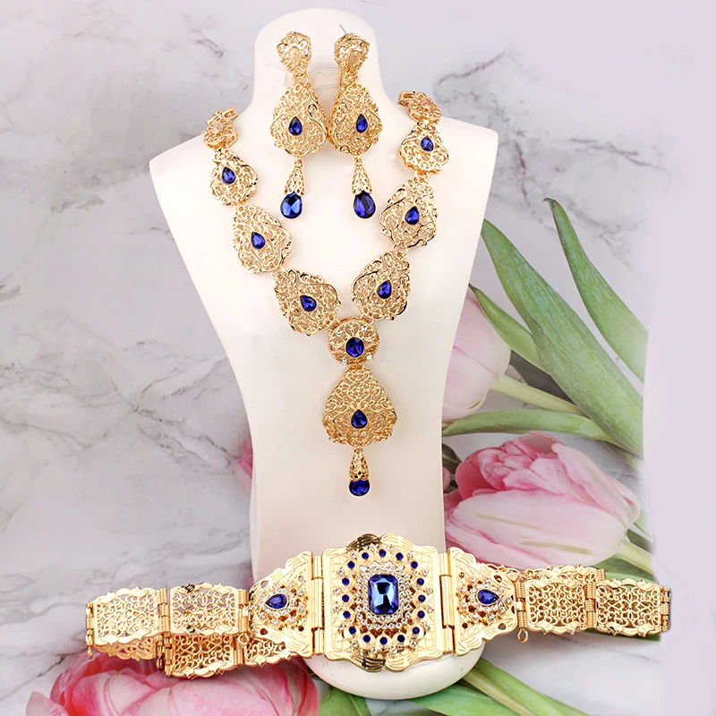 New Moroccan Wedding Jewelry Set Gold Plated Blue Crystal Accesorios Mujer Collar Y Aretes Ethnic Bridal Jewelry Sets