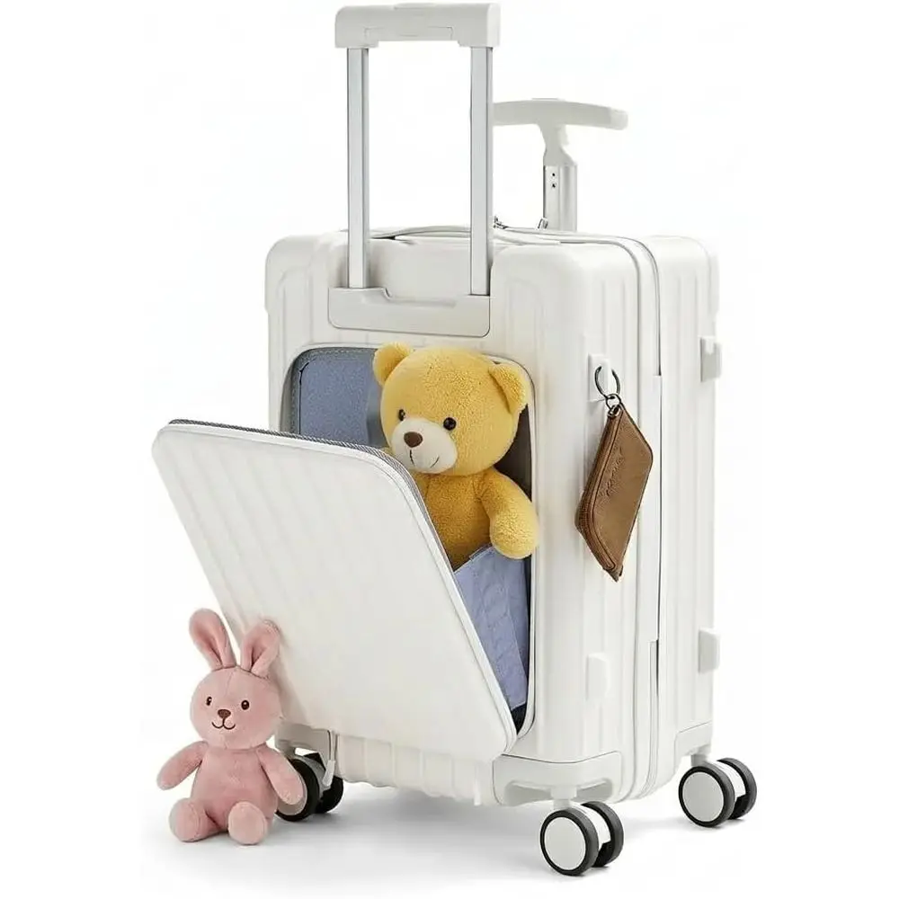 

White 20 Inch Kids Adults Carry On Luggage With Seat Front Opening Hardshell Double Handles TSA Lock Travel Suitcase
