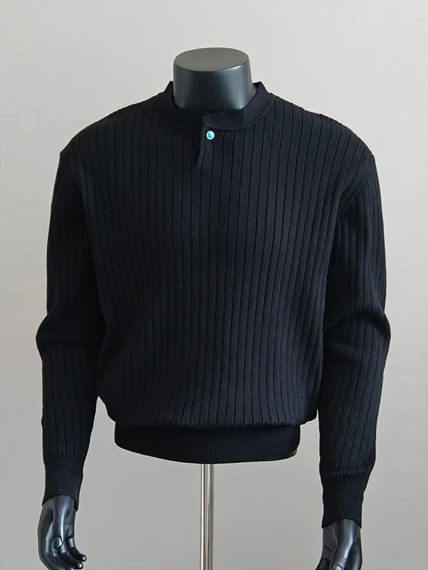 

Bla American Sle Boxy oulder Long Sve Henry Collar Knitted Sweater for Men Retro Base Layer irt V-Ne Color