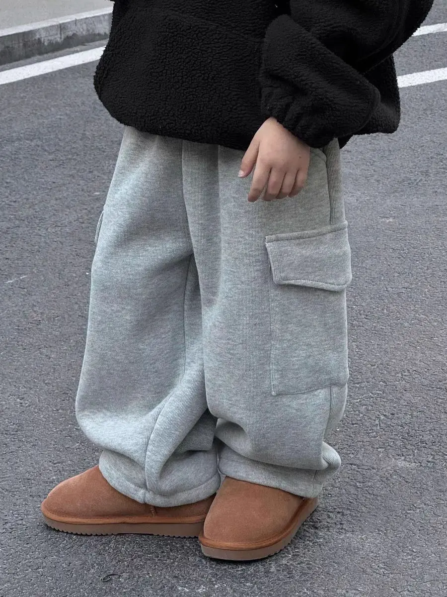 Winter Plush Kids Pants New Korean Children's Clothing Pants for Boys Thickened Pants Baby Warm Casual Kids Cargo Pants 2024