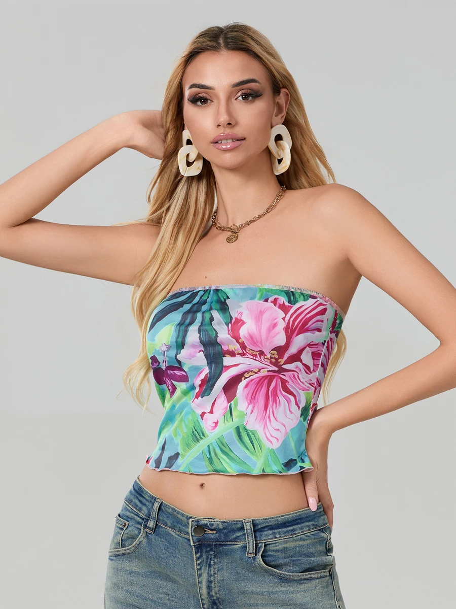 Women Floral Tube Tops Bandeau Summer Retro Vintage Strapless Off Shoulder Slim Fit Crop Tops Aesthetic Camis Vests Streetwear