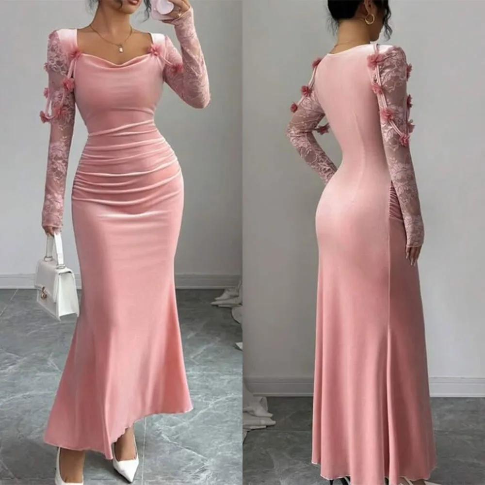 

High Quality Customized Strapless Pink Pleat Lace A-line Flowers Vestidos Para Bodas Mujer Invitada Luxury Evening Dress فستان