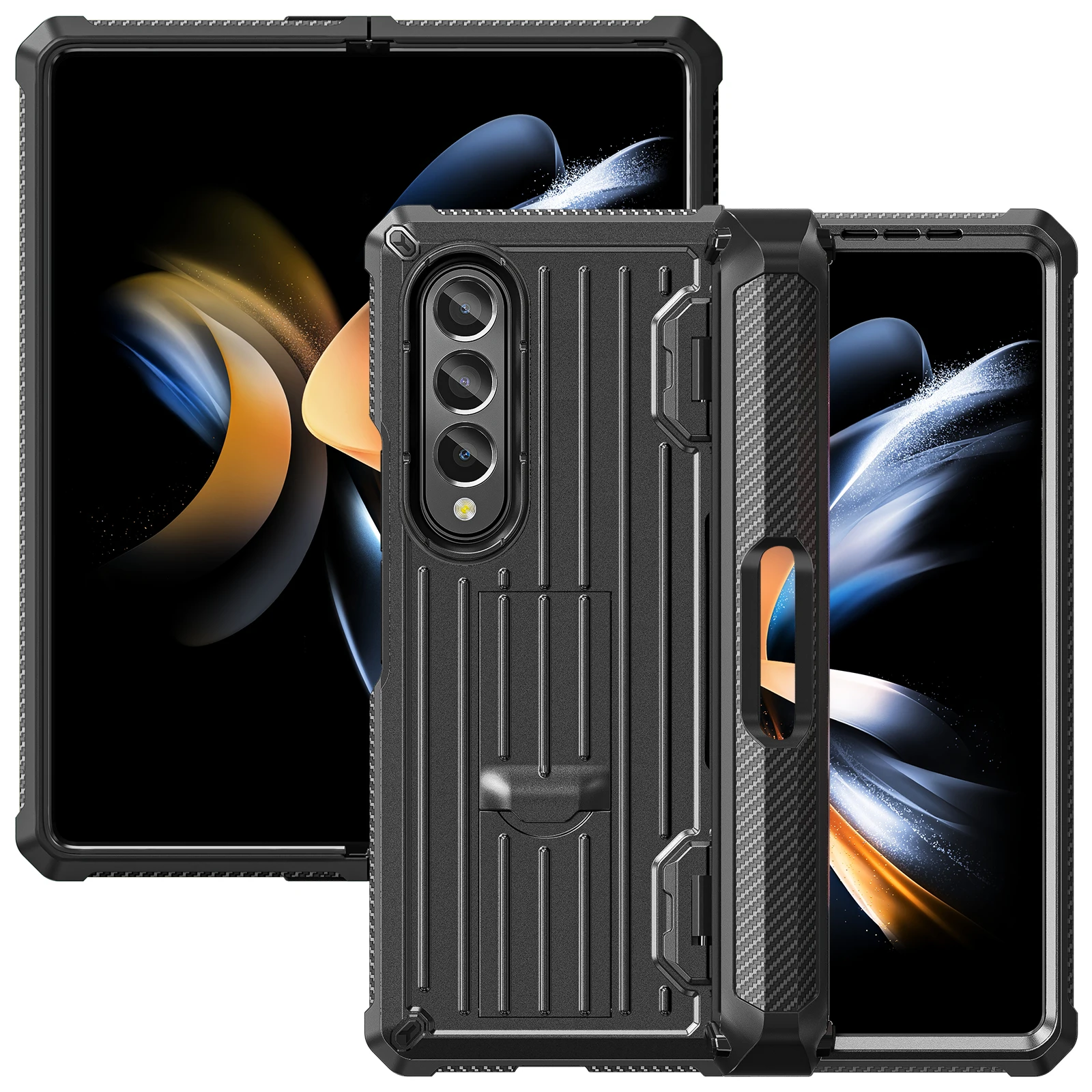 For Samsung Galaxy Z Fold 5 4 3 5 Case  Trunk Texture Hard PC Shockproof Cover with S Pen Holder Soft Screen Protector Kickstand