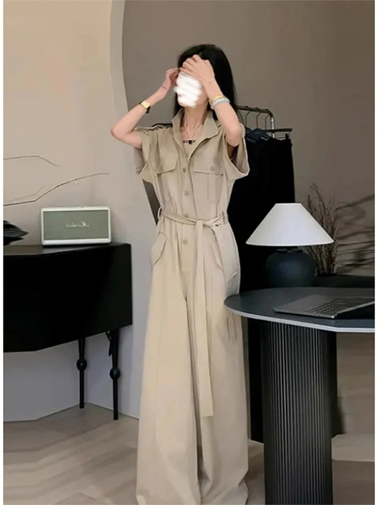 

Vintage Design Workwear Collared Jumpsuit Women's Slimming Waist Cinched Summer 2025 High Waist Long Pants Polyester Fiber