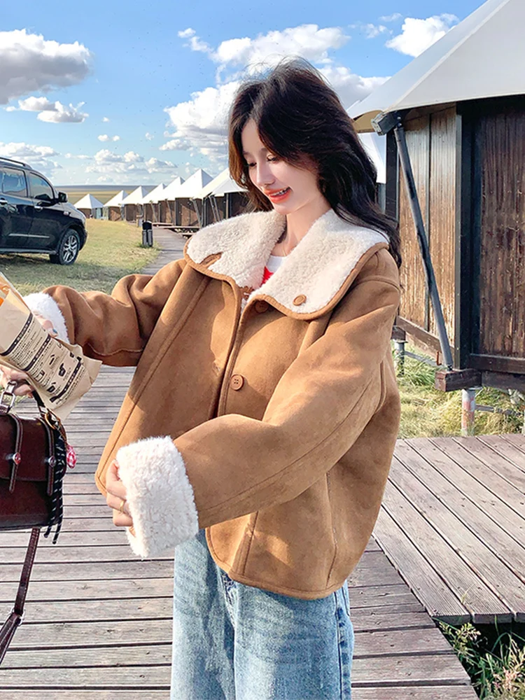 Lamb Fur ort Coat Women's Double-Sided Wear Leather And Fur Inteated Warm Top Casual Loose Fit Long Sve Button Closure