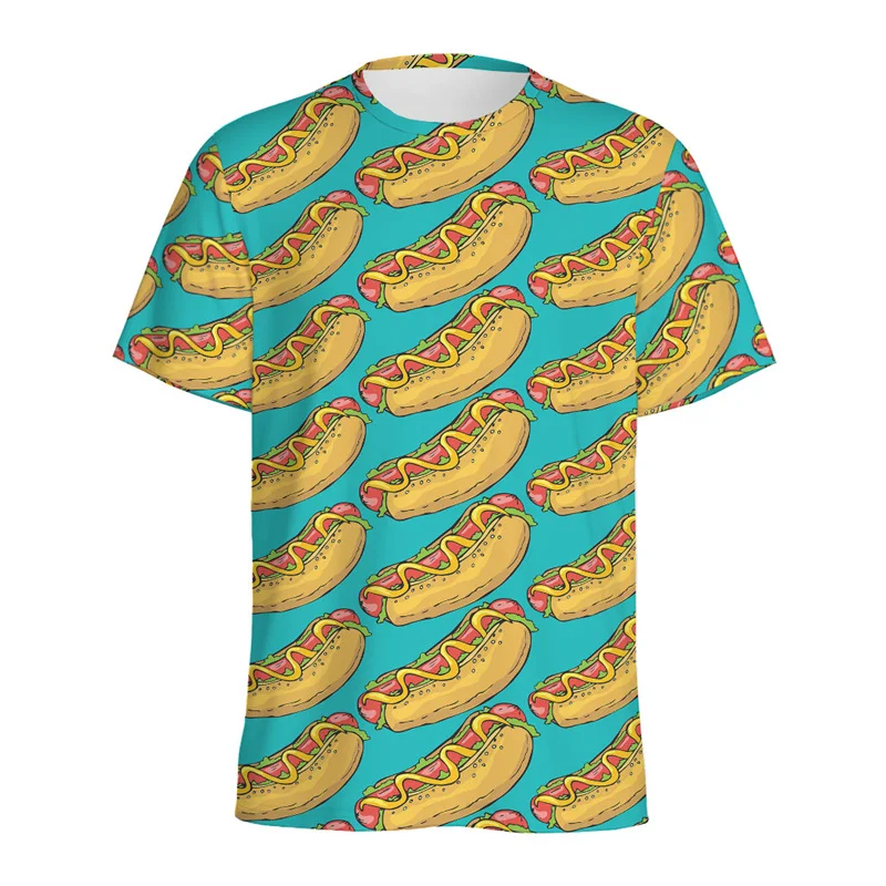 French Fries Hot Dog Pattern T-shirt Men Cartoon 3D Printed Cola Hamburger Tee Shirt Round Neck Short Sleeves Loose T Shirts