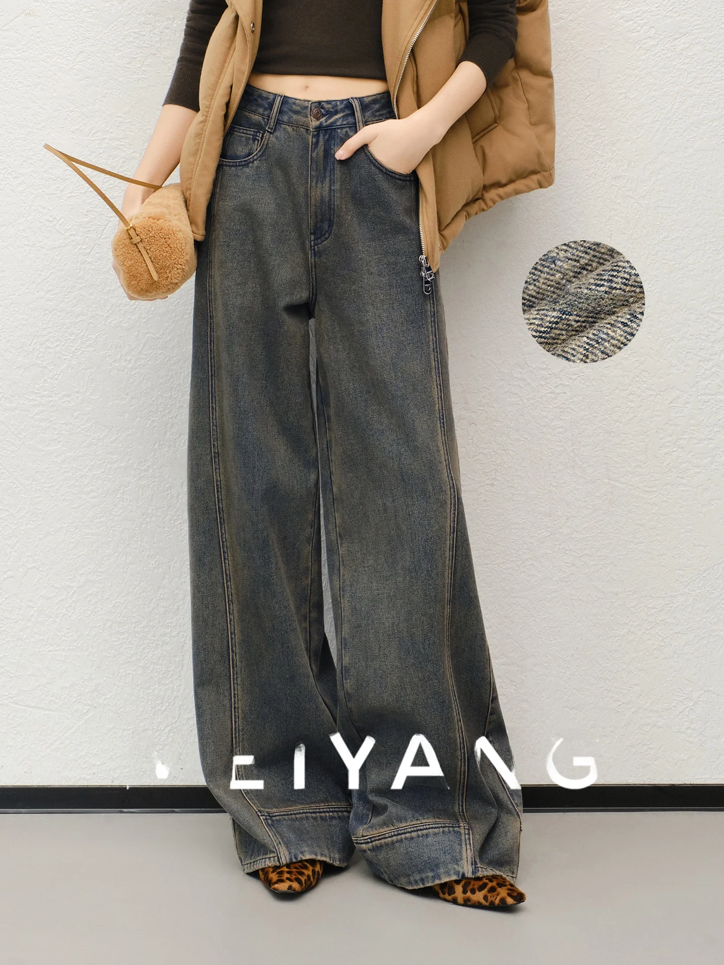 

Теплые широкие джинсы Warm Fce Desert Wind Denim с высокой талией на молнии, повседневные, осенне-зимние, женские, свободного кроя