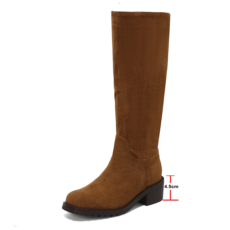 ANNYMOLI Women Knee High Long Boots Round Toe Thick Mid Heels Gogo Boot Concise Lady Fashion Shoes Winter Brown Apricot Black 43