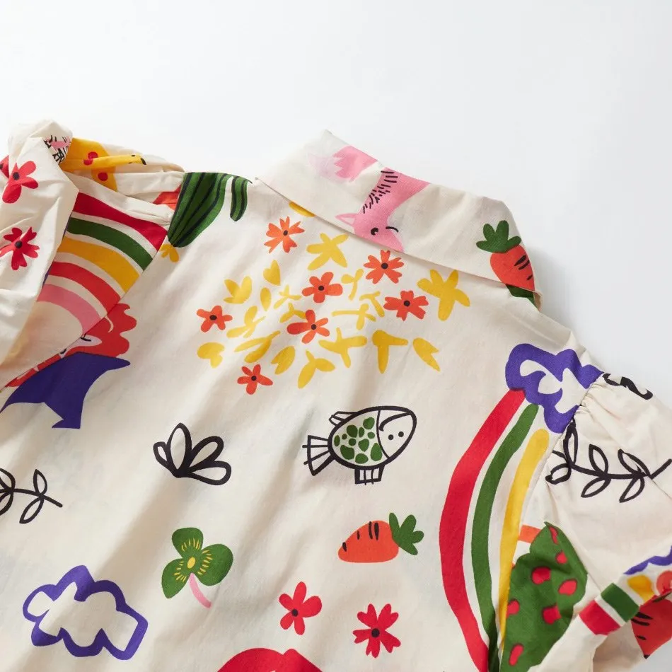 2-8 Years Girls Skirt Kids Lapel Doodles Clothes Children Summer School Costume Baby Fox T Shirt Dress Rainbow Casual Dress 2024