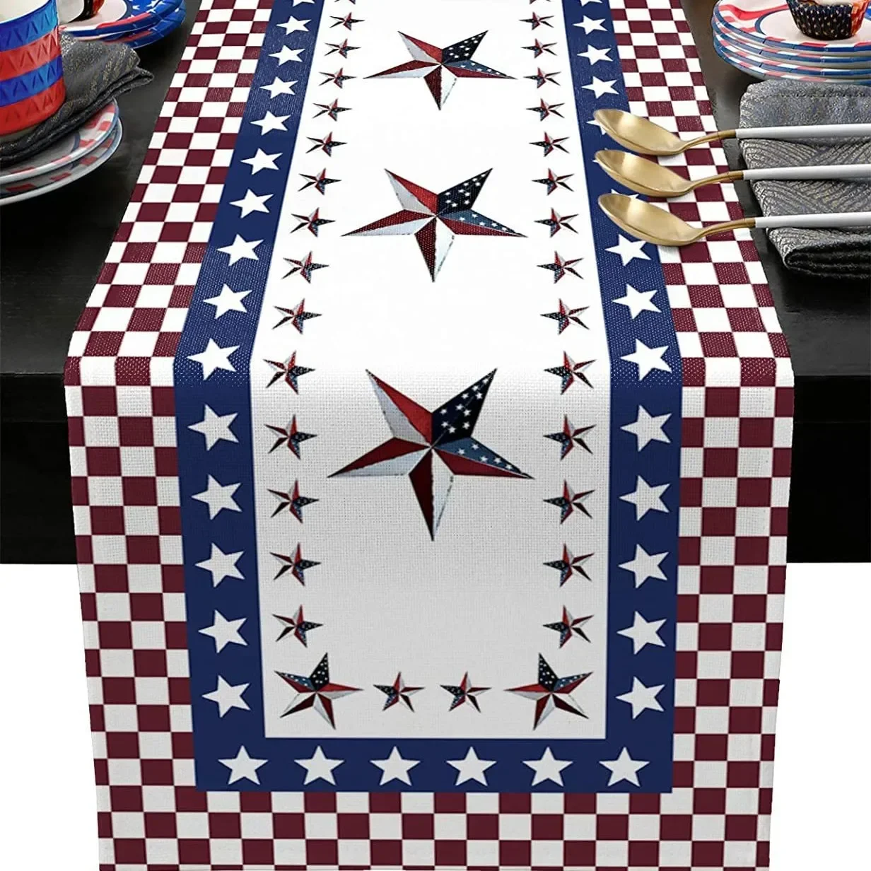 Truck Table Runner Sweet Land of Liberty Linen Tablecloth Buffalo Plaid Independence Day 4th of July Kitchen Dining Decor