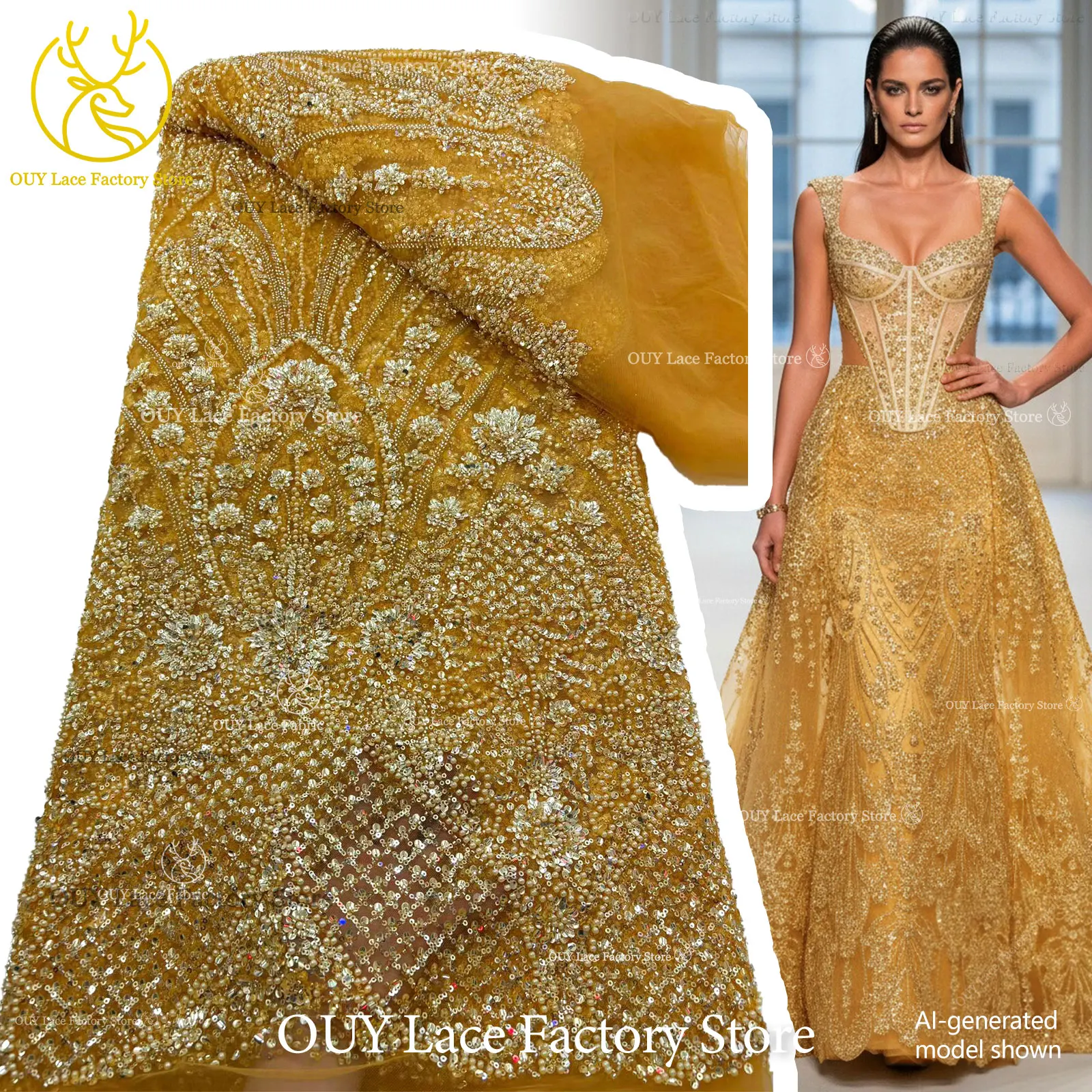 

5 Yards African Heavy Beaded Sequins Mesh Lace Fabric Gold French Sequins Tulle Lace Fabric For Gorgeous Wedding Dress Sewing