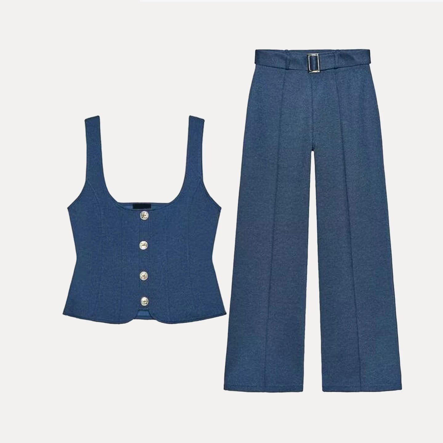 Z Damen Faion Set Casual Sle Button Decorated Diagonal Pattern Top mit Gürtel Hose ort Sve round Ne
