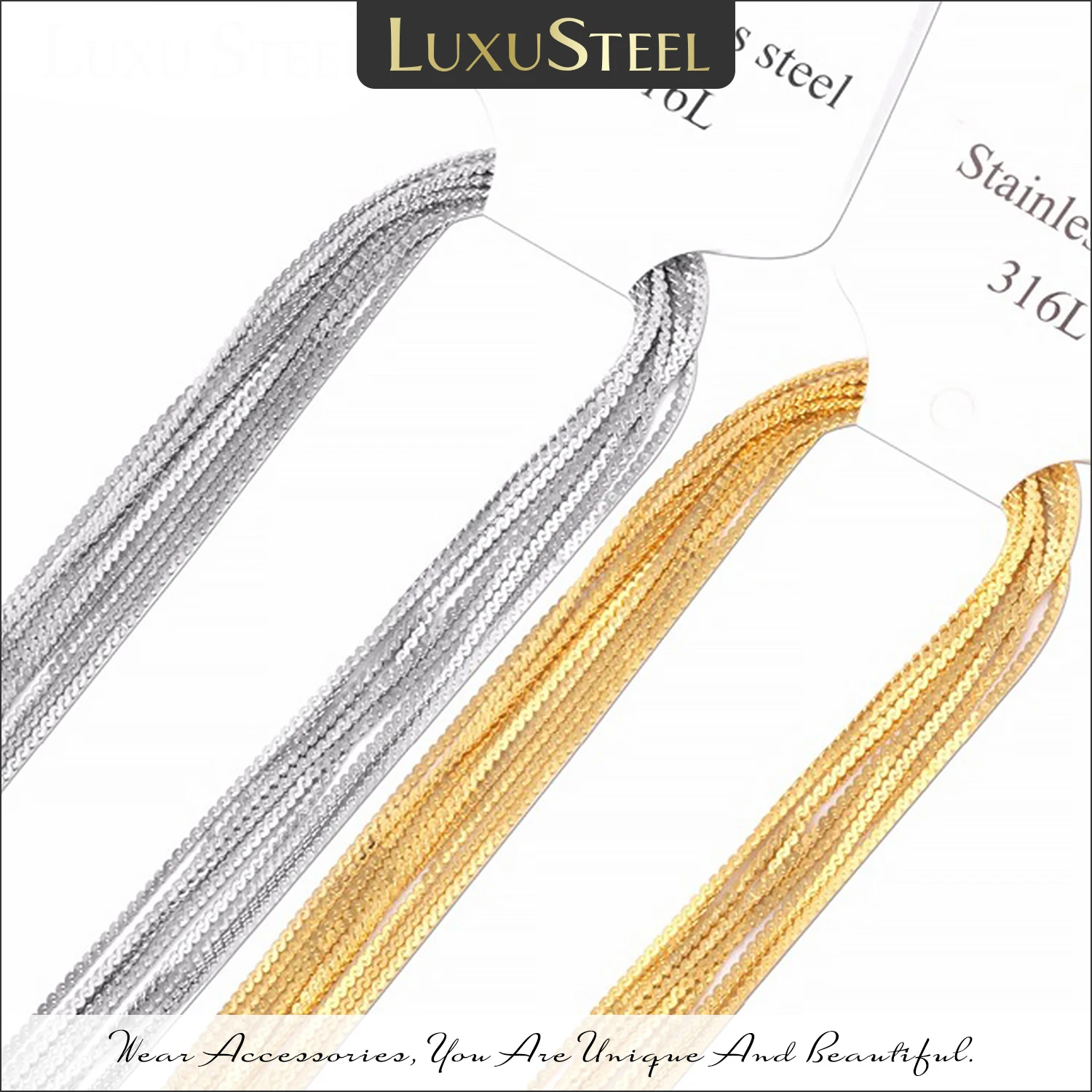 LUXUSTEEL Width 1mm Weave Snake Chains Necklace Golden Color 10Pcs/Lots 316L Stainless Steel Chain Jewelry For Women/Men DIY