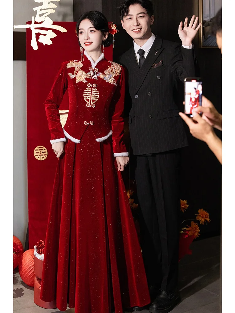 

Китайское свадебное платье для церемонии помолвки, теплое, длинное вечернее платье из полиэфирного волокна