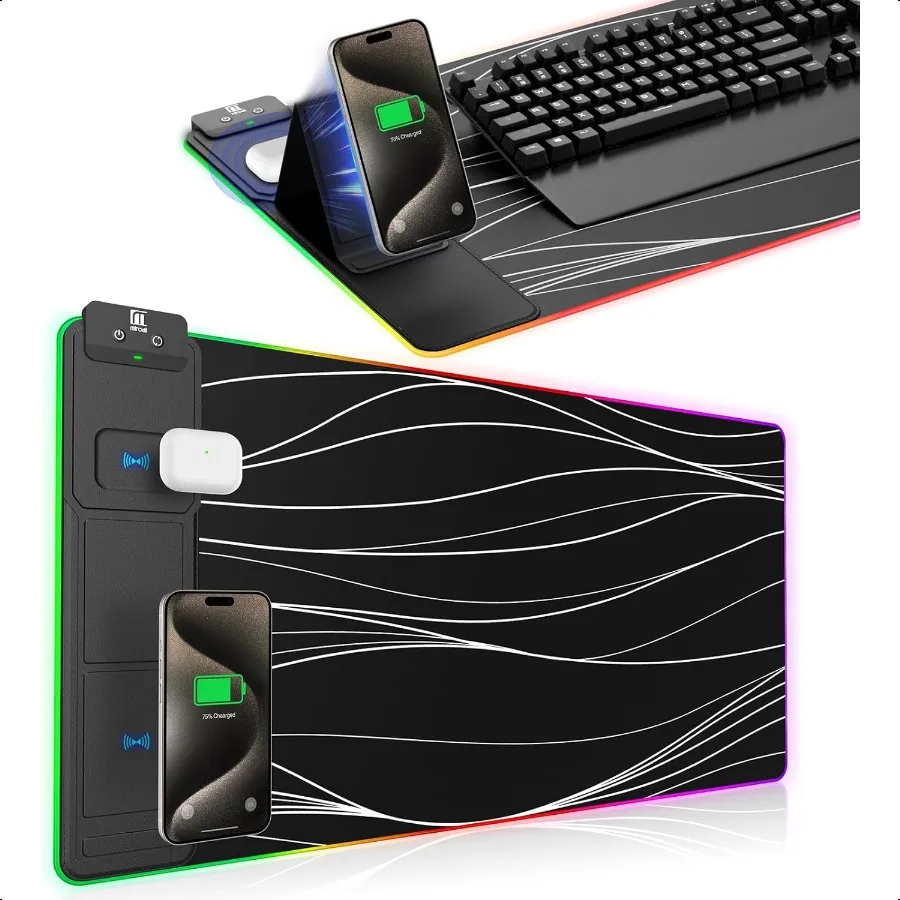 XXL Mouse Pad with Phone Holder RGB Desk Mat with 15W Fast Charging LED Large Gaming Mouse Pad with 11 Lights Colors Long Mouse