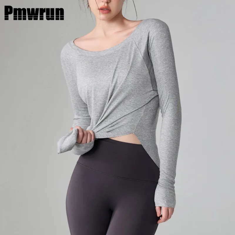 

Pmwrun 2025 Spring/Summer Women's Yoga Fitness Loose Long Sleeve Top Quick Dry Running Sportswear Pilates Training Yoga Shirts