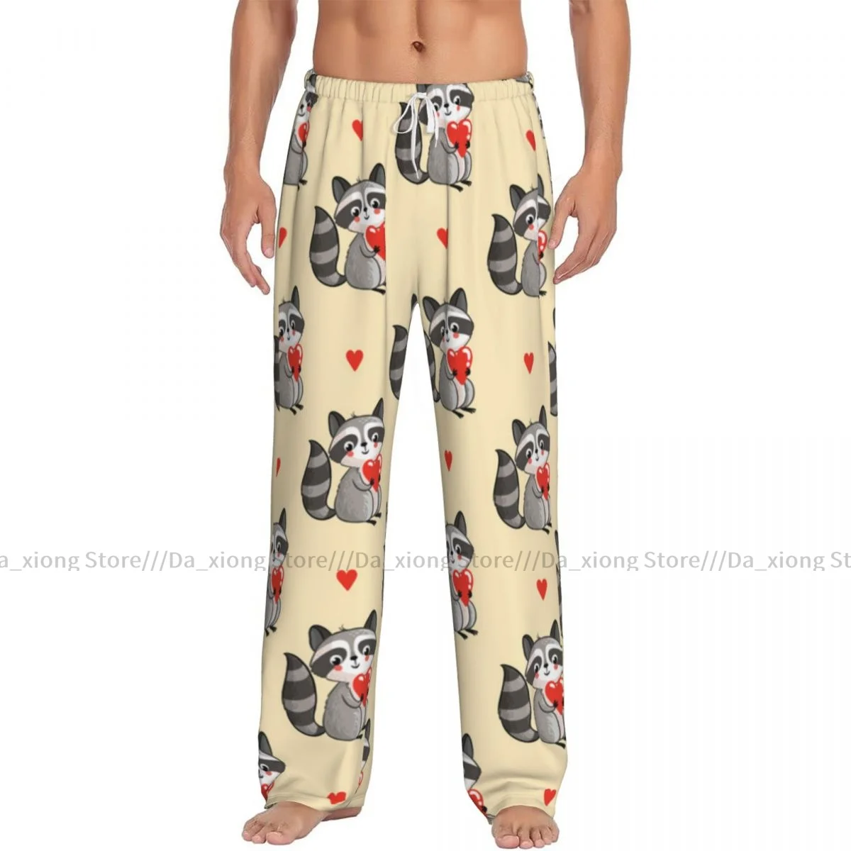 Mens Casual Pajama Long Pant Loose Elastic Waistband Cute Raccoon Holding Heart Cozy Sleepwear Home Lounge Pants