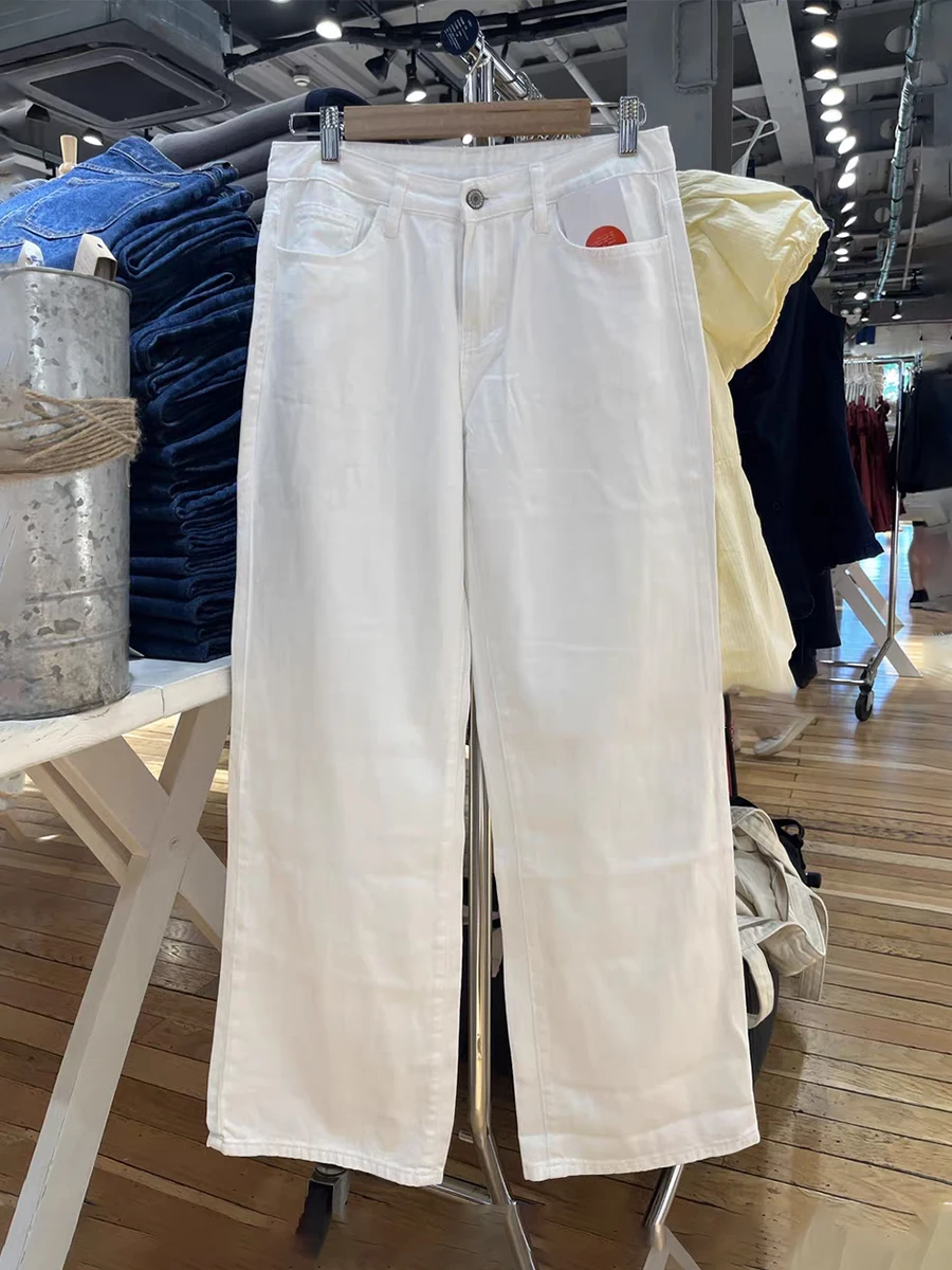 

Прямые джинсы с однотонными карманами, женские белые новые простые широкие брюки с высокой талией, летние повседневные винтажные уличные джинсовые брюки Y2k