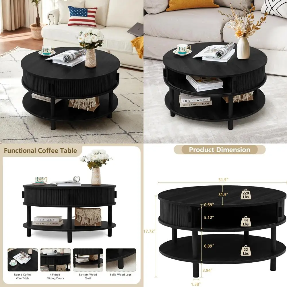 

31,5-дюймовый круглый деревянный журнальный столик с раздвижными дверями для хранения и раздвижными двери