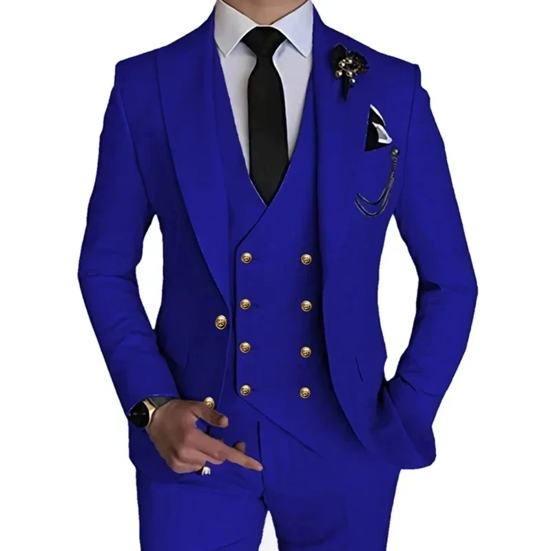 3 Pcs Set Dress Blazers Jacket Vest Pants / 2024 Fashion New Men Metal Button Stretch Fabric Casual Business Slim Fit Suit Coat