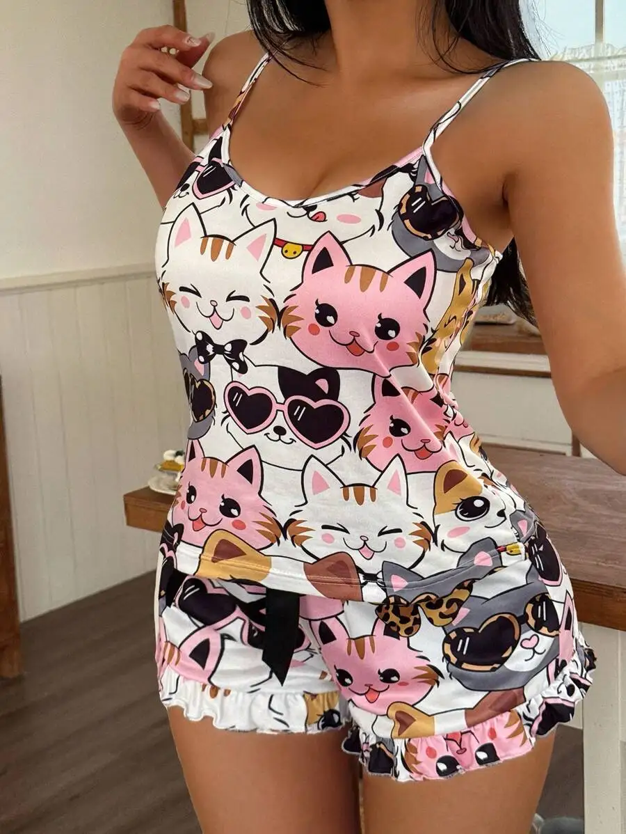 

2pcs Women Cartoon Cat Print Pajama Set Sleeveless Shorts