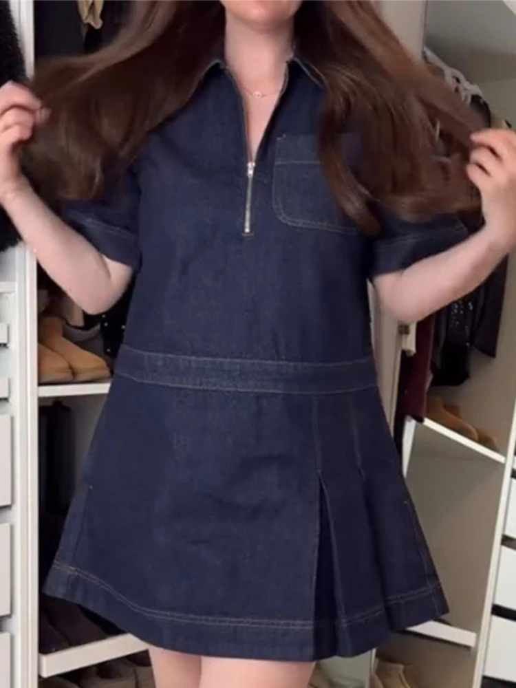 

Vintage Women's Denim Dress With Zipper Detail Ruffled Hem Loose Fit Stylish High Street Summer New Casual Daily Female Dresses