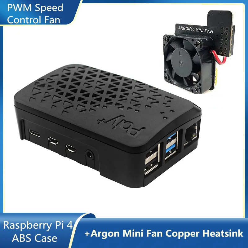 Argon POLY + Raspberry Pi 4 Model B Vented ABS Enclosure Black Case dengan PWM Speed Control Fan Tembaga Heatsink untuk Raspberry Pi 4