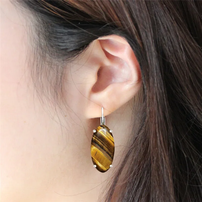 Big Vintage Eye Shape Natural Tiger Eye Earrings For Women Antique Silver Plated Natural Stone Claw Fashion Jewelry