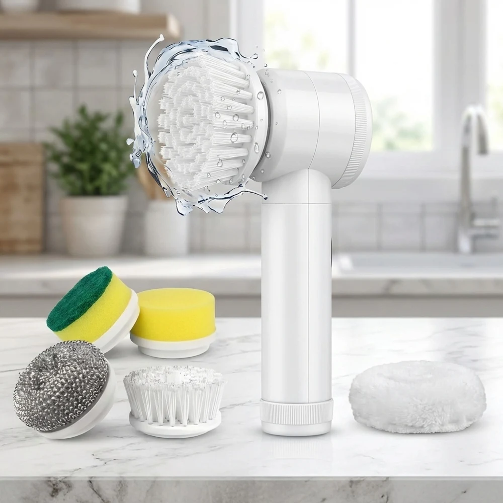 5-in-1 USB Rechargeable Electric Cleaning Brush with Replaceable Heads Portable Handheld Multi-purpose Cleaning Tool Waterproof