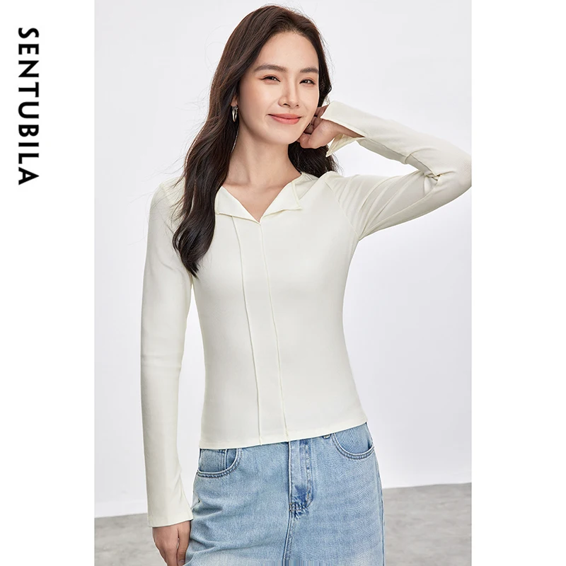

SENTUBILA Woman White Tops 2025 Autumn Cotton Side Slit Long Sleeve T-Shirts Knitted V Neck Basic Casual Pullovers M31T47245