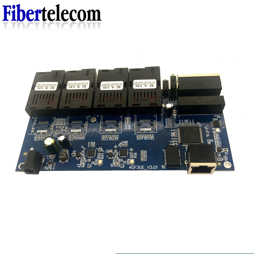 Convertidor de medios de fibra óptica Gigabit SC 100/1000M placa PCBA monomodo 4 fibra 3 RJ45 Ethernet interruptor transceptor Simplex