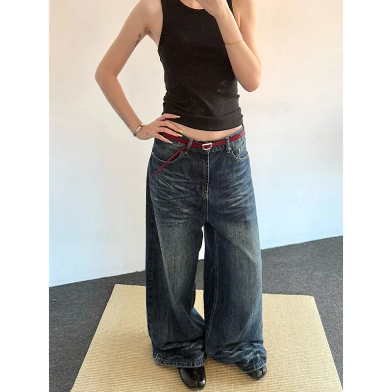 

2025 Vintage 2000s Loose Washed Wide Leg Jeans Women American Retro Harajuku Casual Pants Y2K Baggy Blue Denim Trousers
