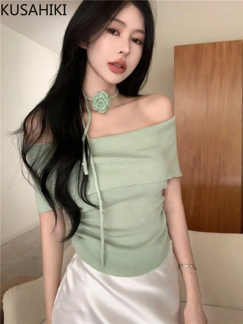 KUSAHIKI Off Shoulder Sexy Flower Short Sleeved Knitted T-shirt for Women's Summer Slim Fit Pleated Spicy Girl Short Y2k Top