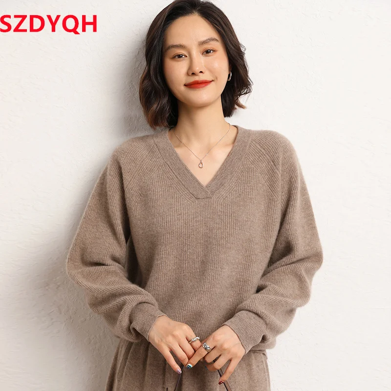 2023 Hot Sale Autumn Winter Women\'s 100% Cashmere Sweater V-Neck High Quality Soft Warm Pullover Female Loose Knitted Jumper