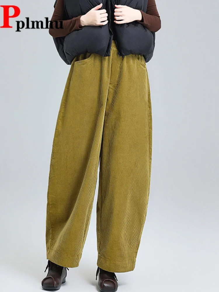 

Вельветовые утепленные брюки-шаровары в корейском стиле, свободные, на резинке, женские повседневные брюки с высокой талией, прямые, сподни, кальцас