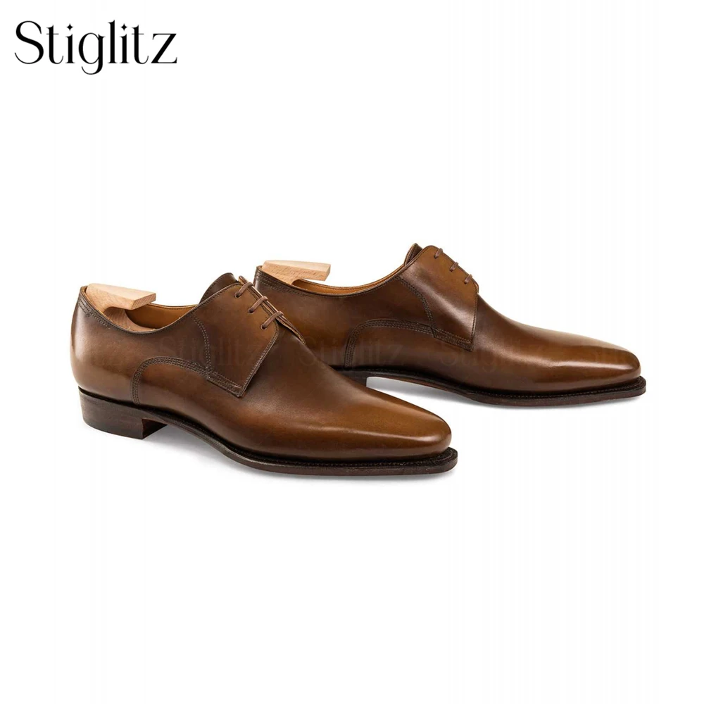 Calf Leather Three Eyelet Derby Shoes Brown Piping Haute Couture Genuine Leather Shoes Elegant Designer Handmade Banquets Shoes