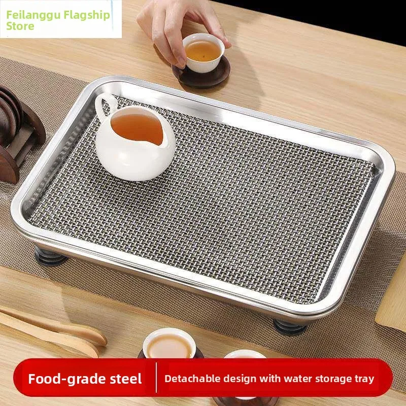 

Thickened 304 Stainless Steel Rectangular Tea Tray Chinese Style Tea Table Home Use Tea Set Drainage Kung Fu Tea Service